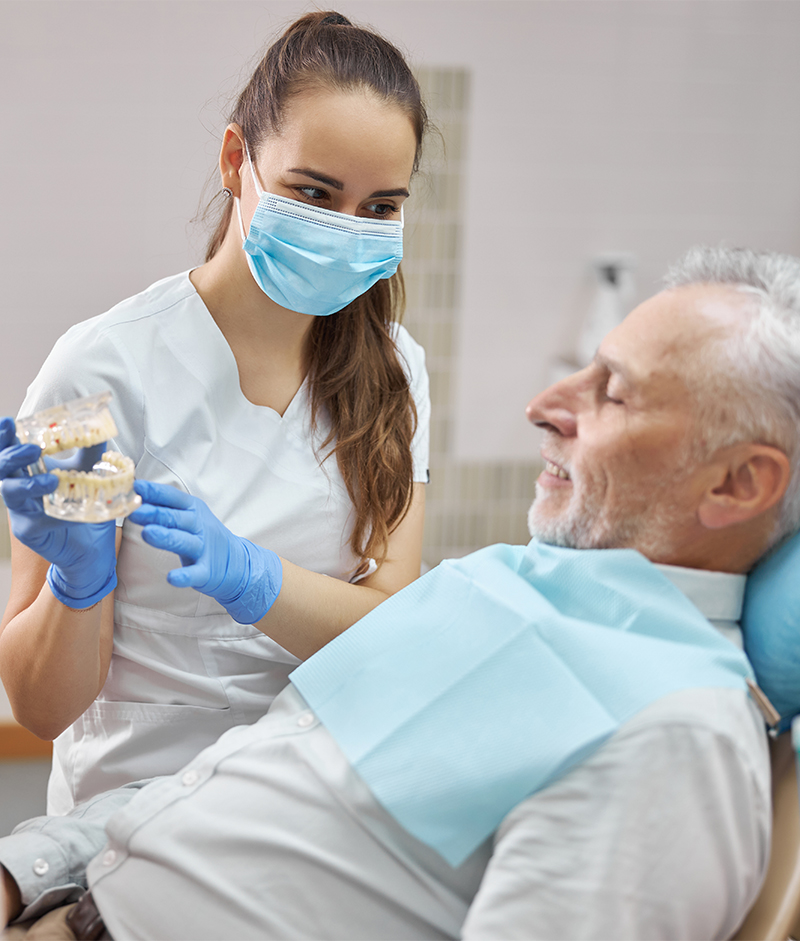 Dentist showing a patient a dental model